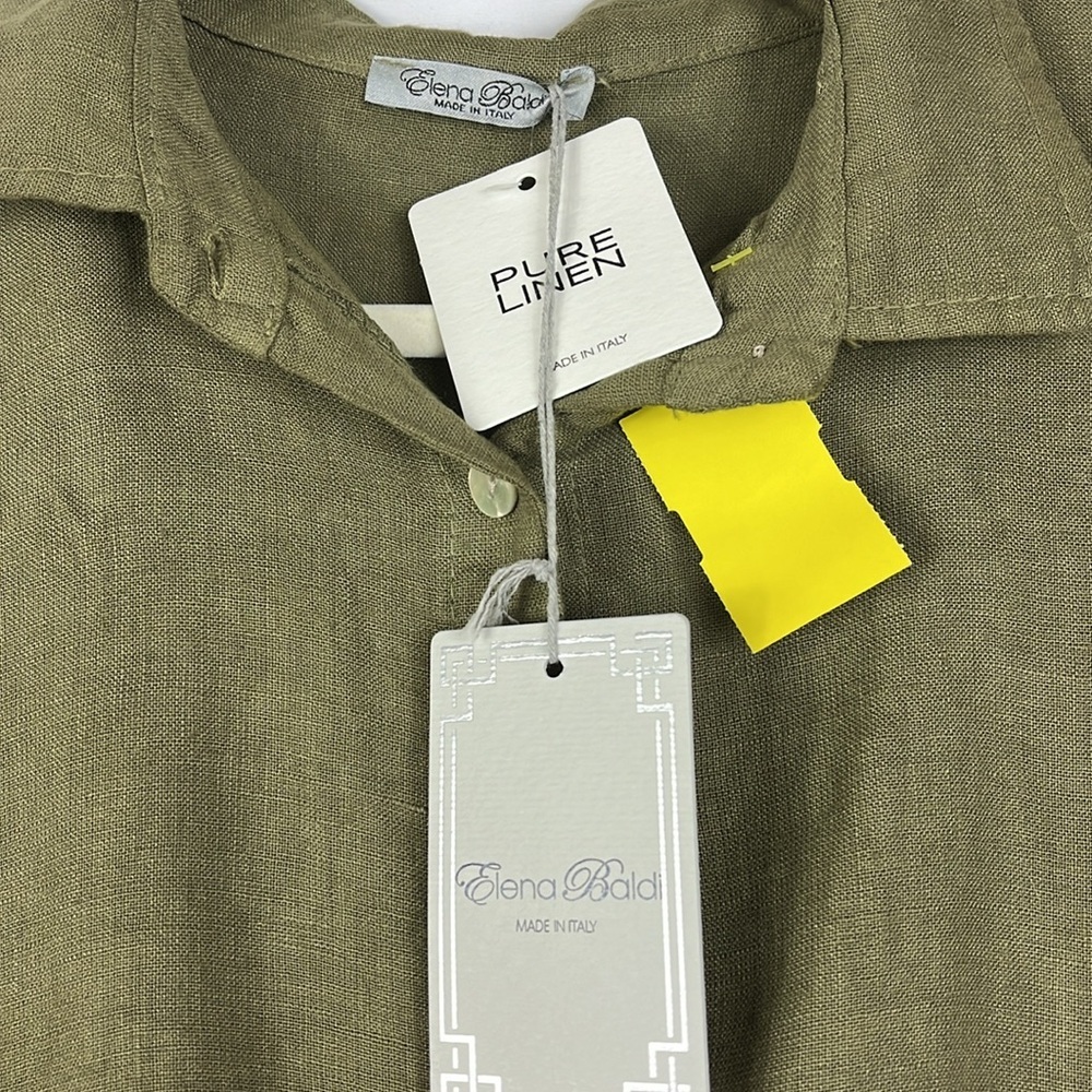 NWT Elena Baldi dress midi linen pockets roll tab sleeves Army Green Sz L - Picture 5 of 10